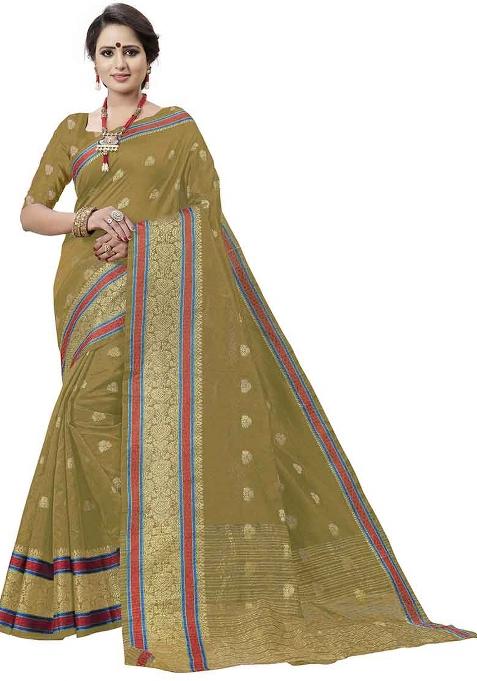 Beige Embroidered Cotton Blend Saree Set