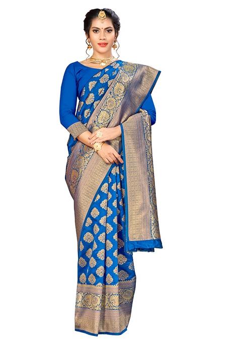Blue Embroidered Silk Saree Set
