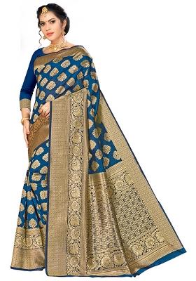 Navy Blue Embroidered Silk Saree Set