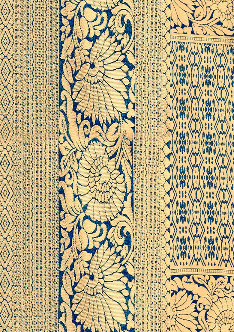 Navy Blue Embroidered Silk Saree Set - Indya