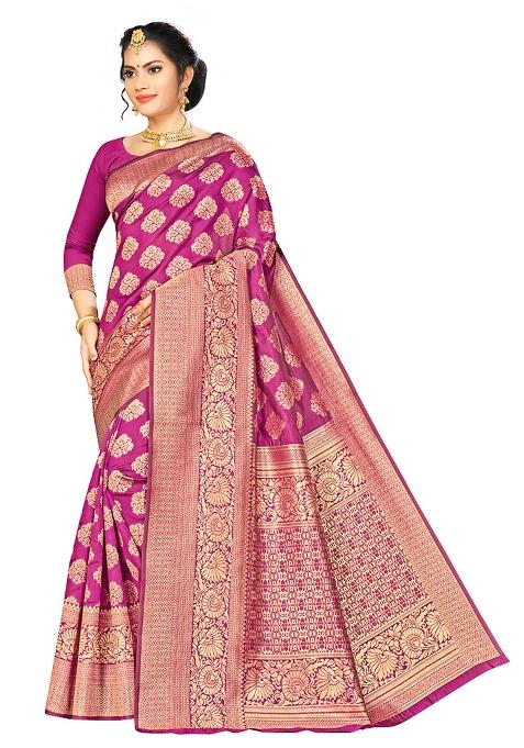 Pink Embroidered Silk Saree Set