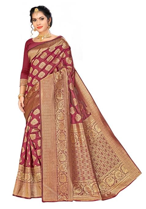 Maroon Embroidered Silk Saree Set