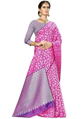 Multicolor Embroidered Silk Blend Saree Set
