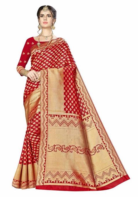 Red Embroidered Silk Saree Set