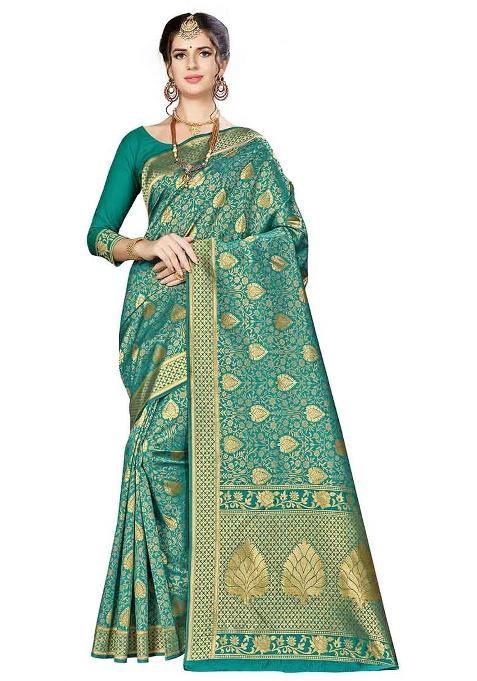 Green Embroidered Silk Saree Set