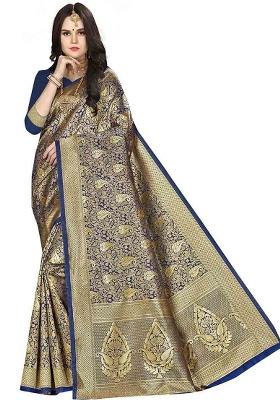 Navy Blue Embroidered Silk Saree Set