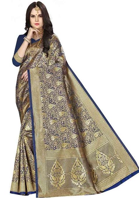 Navy Blue Embroidered Silk Saree Set