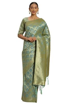 Sky Blue Embroidered Silk Saree Set