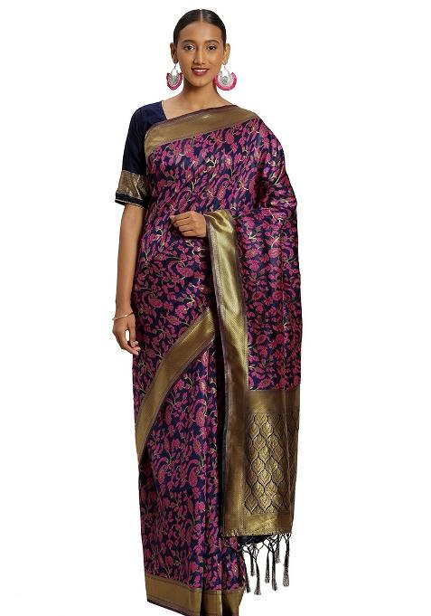 Multicolor Embroidered Silk Saree Set