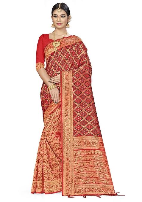 Red Embroidered Silk Saree Set
