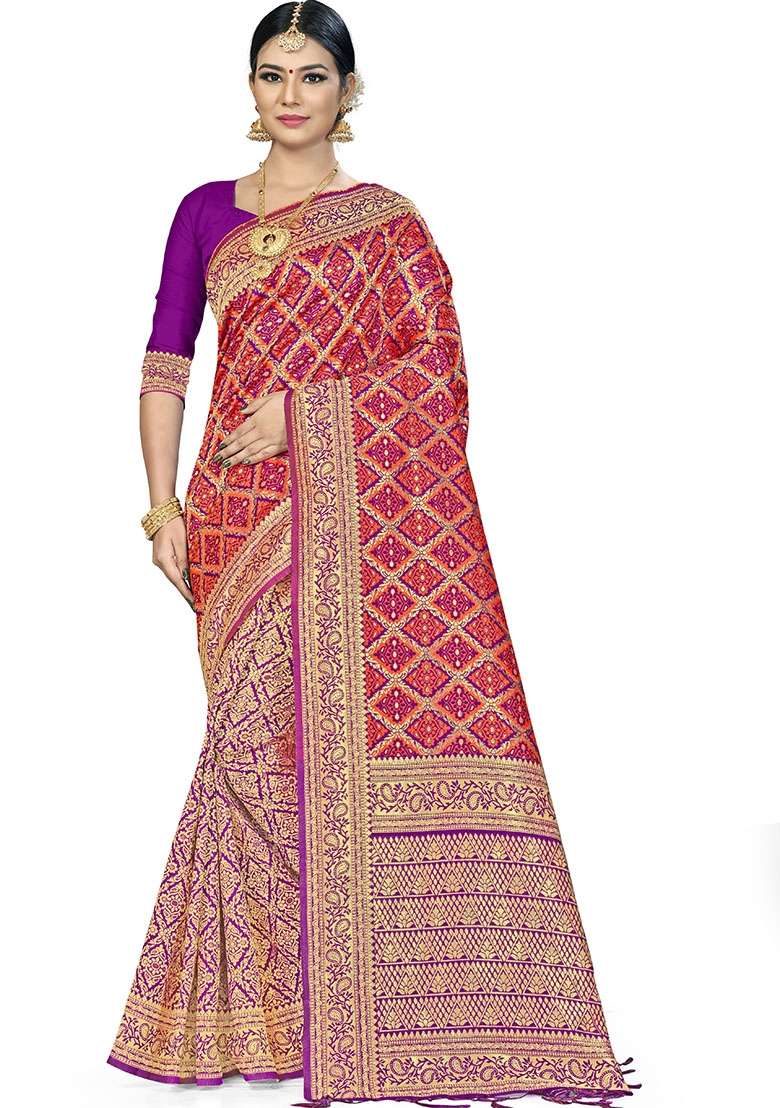 Orange Embroidered Silk Blend Saree Set for Diwali and Festive Wear - Indya