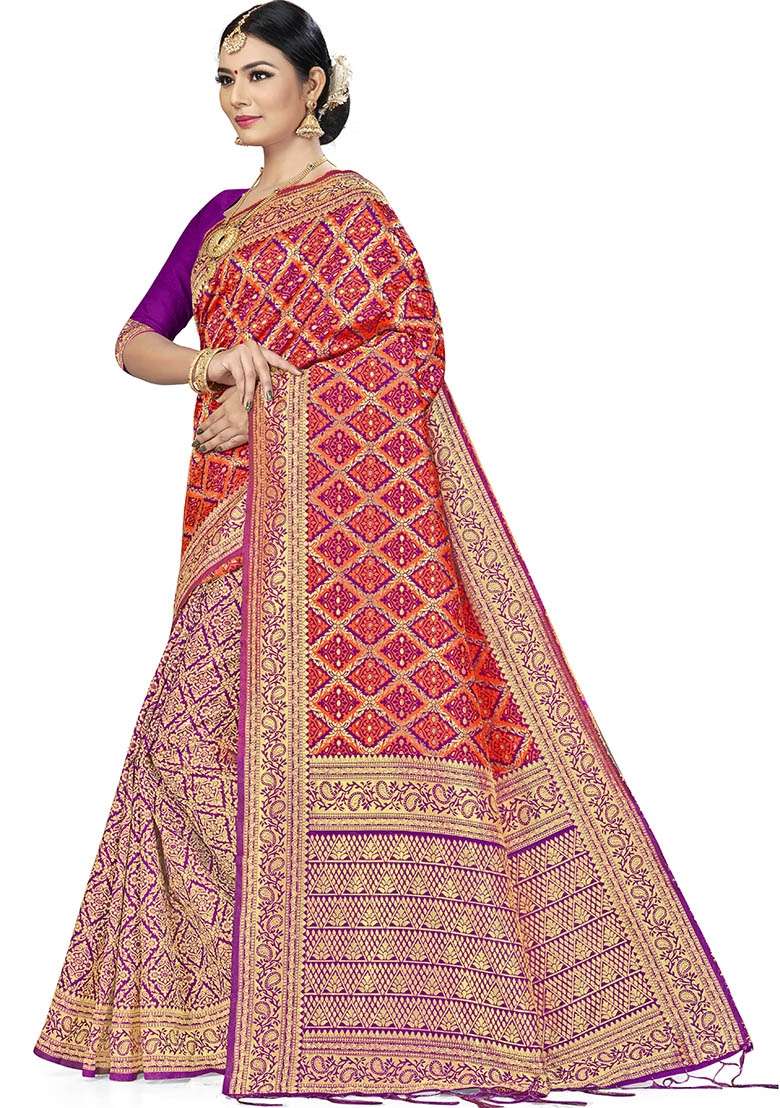 Orange Embroidered Silk Blend Saree Set for Diwali and Festive Wear - Indya