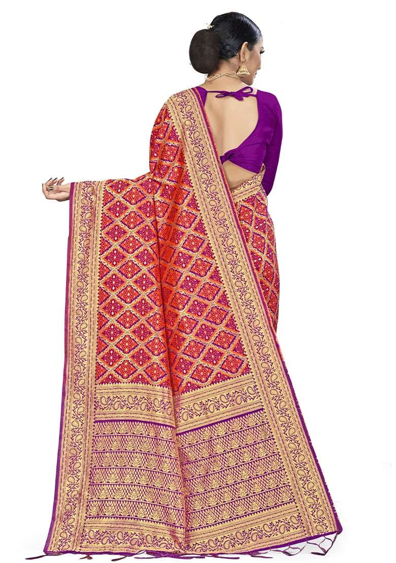 Orange Embroidered Silk Blend Saree Set for Diwali and Festive Wear - Indya
