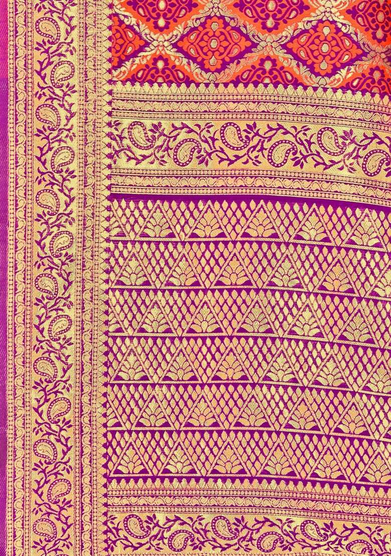 Orange Embroidered Silk Blend Saree Set for Diwali and Festive Wear - Indya