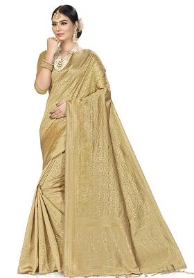 Beige Embroidered Silk Saree Set