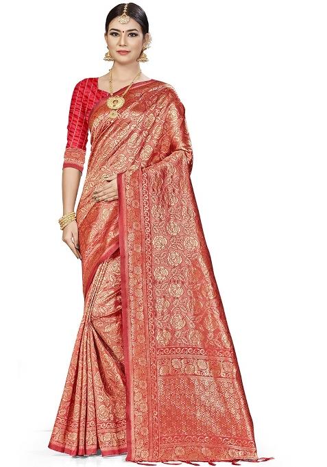 Peach Embroidered Silk Saree Set