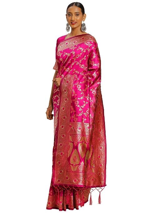 Pink Embroidered Silk Saree Set