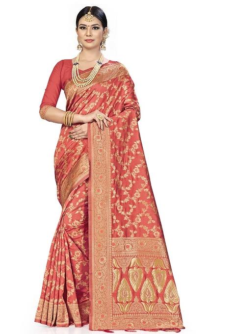 Peach Embroidered Silk Saree Set