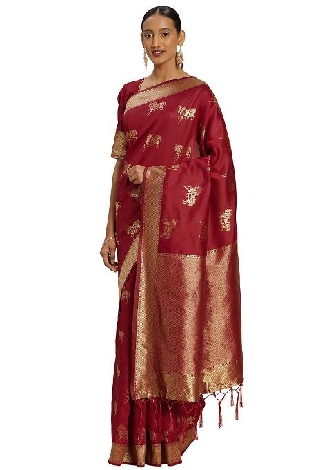 Red Embroidered Silk Saree Set