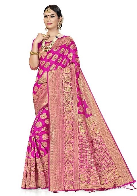 Pink Embroidered Silk Saree Set