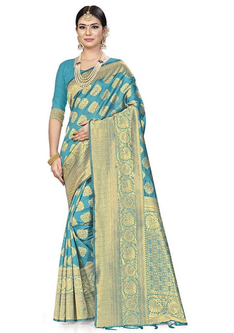 Sky Blue Embroidered Silk Saree Set - Indya