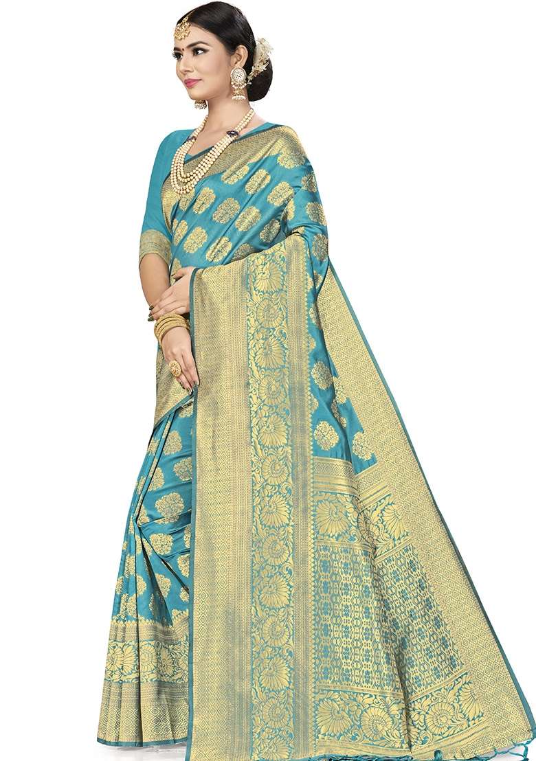 Sky Blue Embroidered Silk Saree Set - Indya