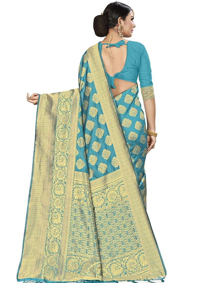 Sky Blue Embroidered Silk Saree Set - Indya
