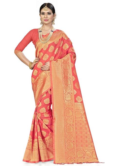 Peach Embroidered Silk Saree Set