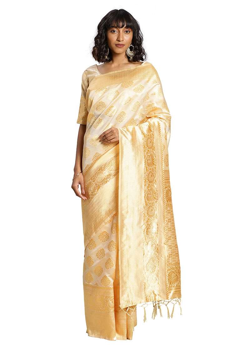 White Silk Blend Saree Set with Embroidered for Diwali | Wedding & Festive Wear - Indya