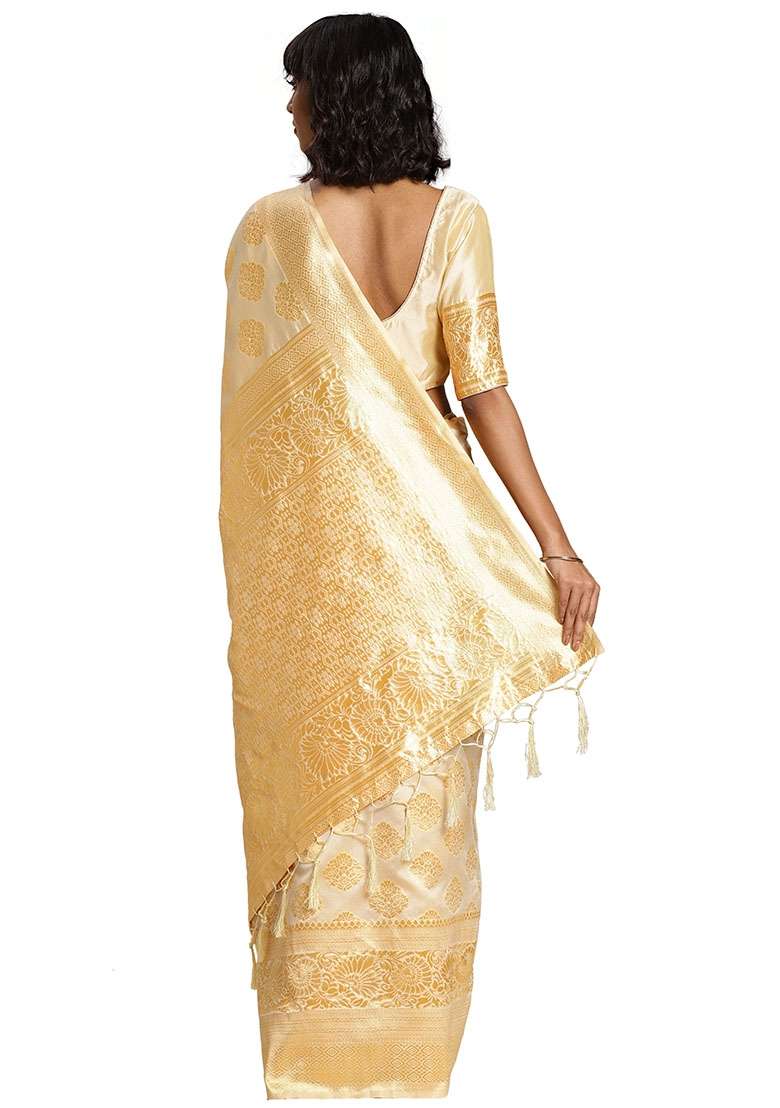 White Silk Blend Saree Set with Embroidered for Diwali | Wedding & Festive Wear - Indya