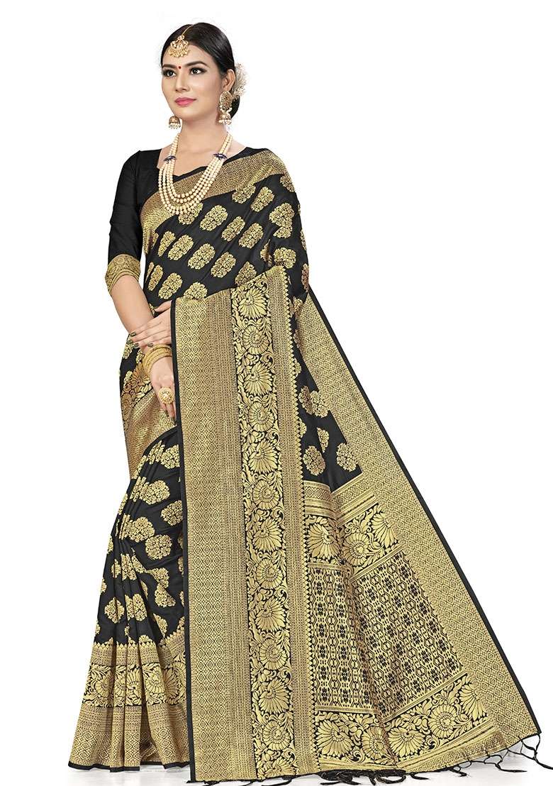 Black Silk Blend Saree Set with Embroidered for Diwali | Wedding & Festive Wear - Indya