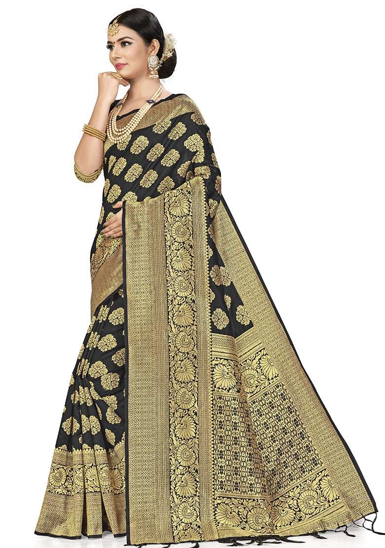 Black Silk Blend Saree Set with Embroidered for Diwali | Wedding & Festive Wear - Indya