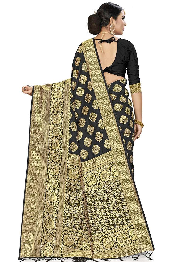 Black Silk Blend Saree Set with Embroidered for Diwali | Wedding & Festive Wear - Indya