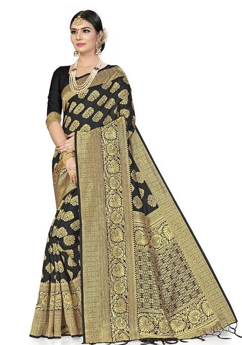 Black Embroidered Silk Saree Set