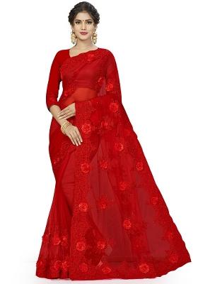 Red Embroidered Net Saree Set