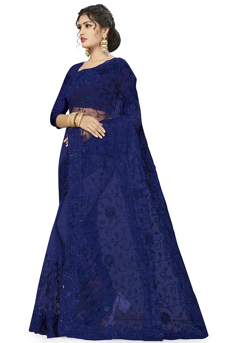 Navy Blue Embroidered Net Saree Set