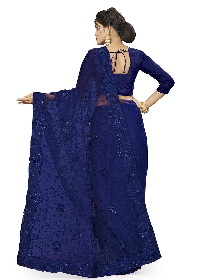 Navy Blue Embroidered Net Saree Set