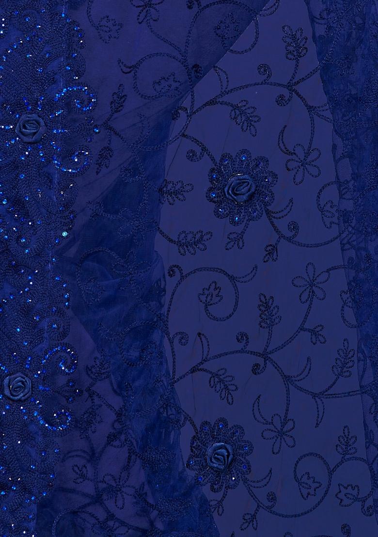 Navy Blue Embroidered Net Saree Set
