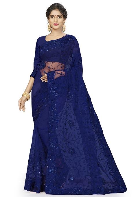Navy Blue Embroidered Net Saree Set