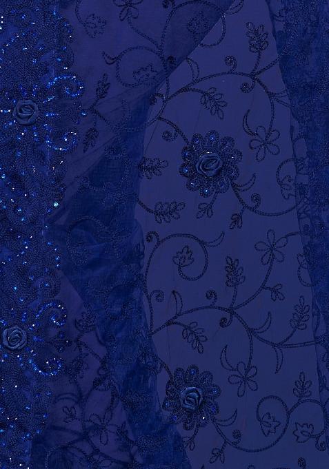Navy Blue Embroidered Net Saree Set