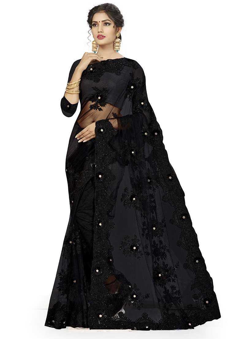 Black Embroidered Net Saree Set for Diwali and Festive Wear - Indya