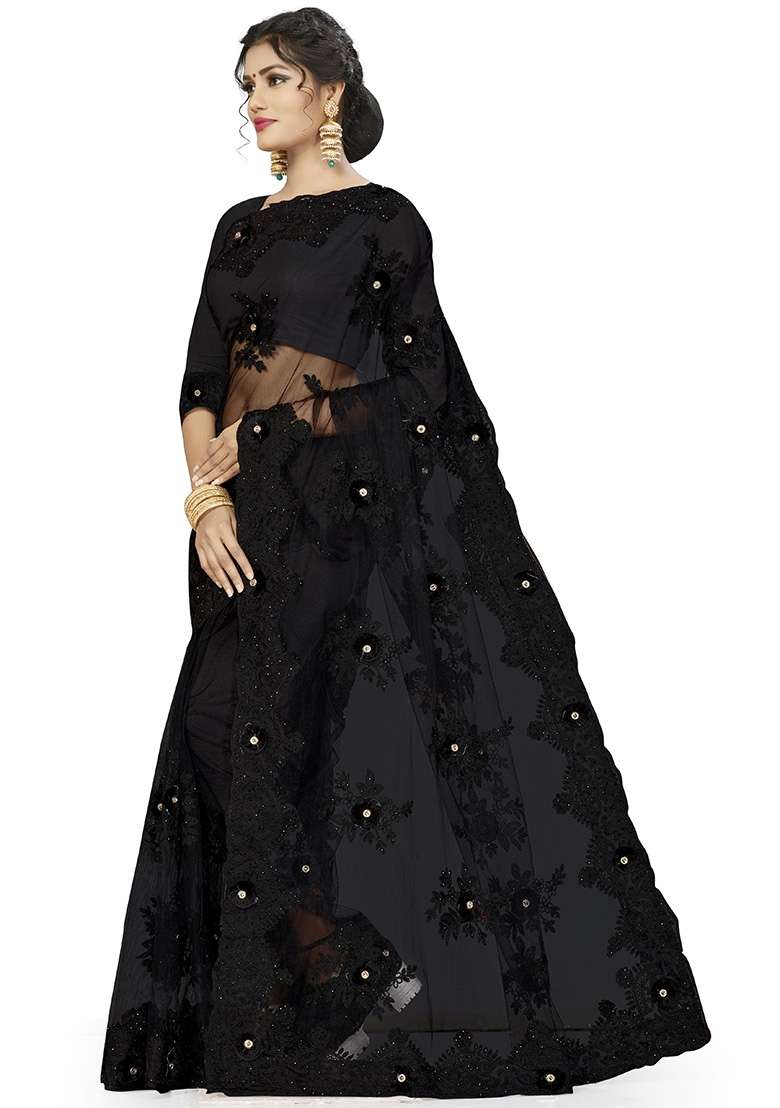 Black Embroidered Net Saree Set for Diwali and Festive Wear - Indya