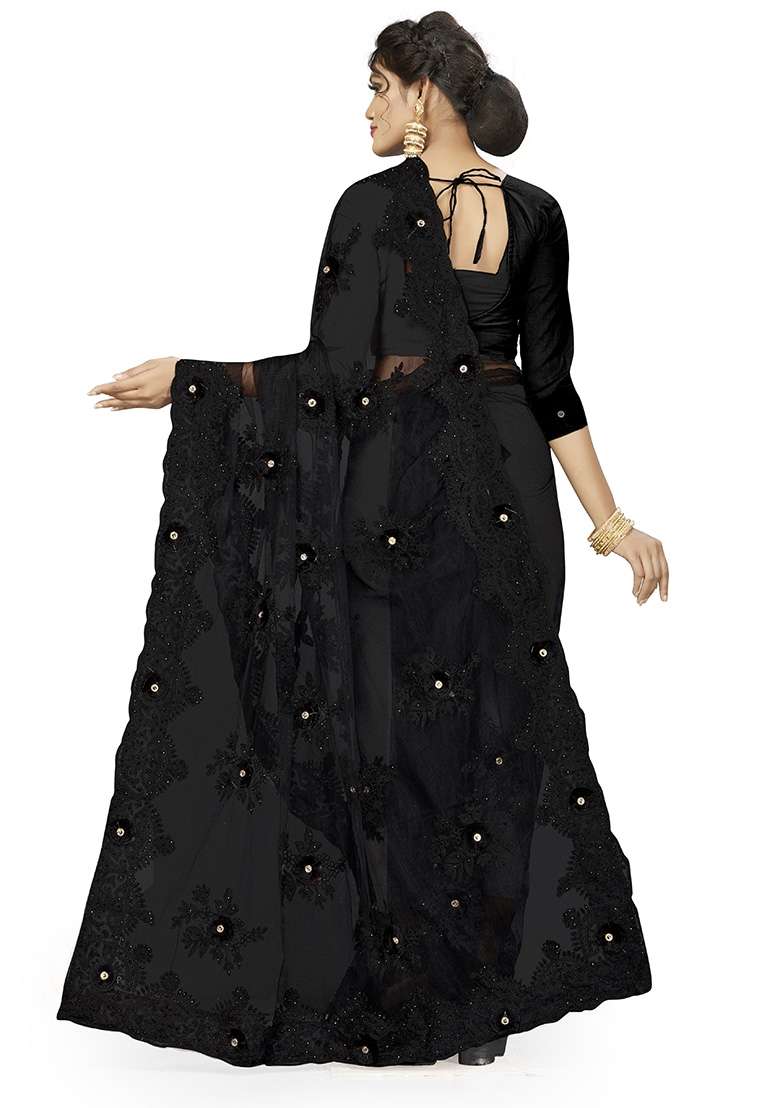 Black Embroidered Net Saree Set for Diwali and Festive Wear - Indya