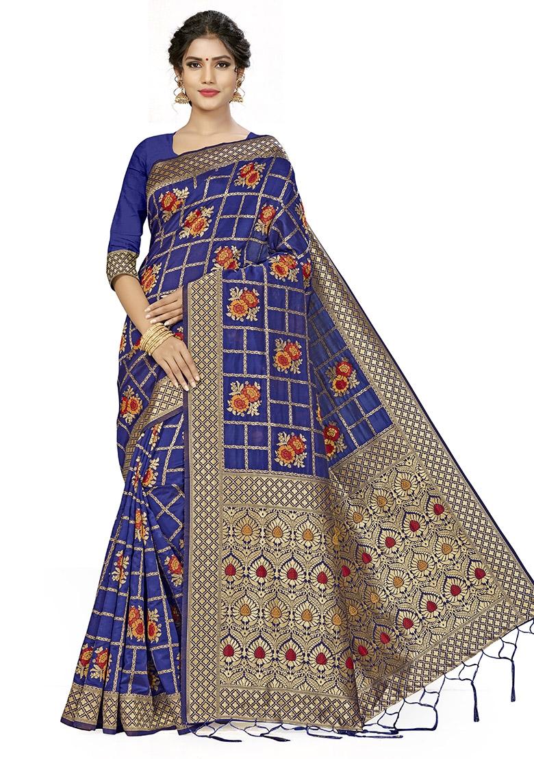 Navy Blue Embroidered Silk Saree Set