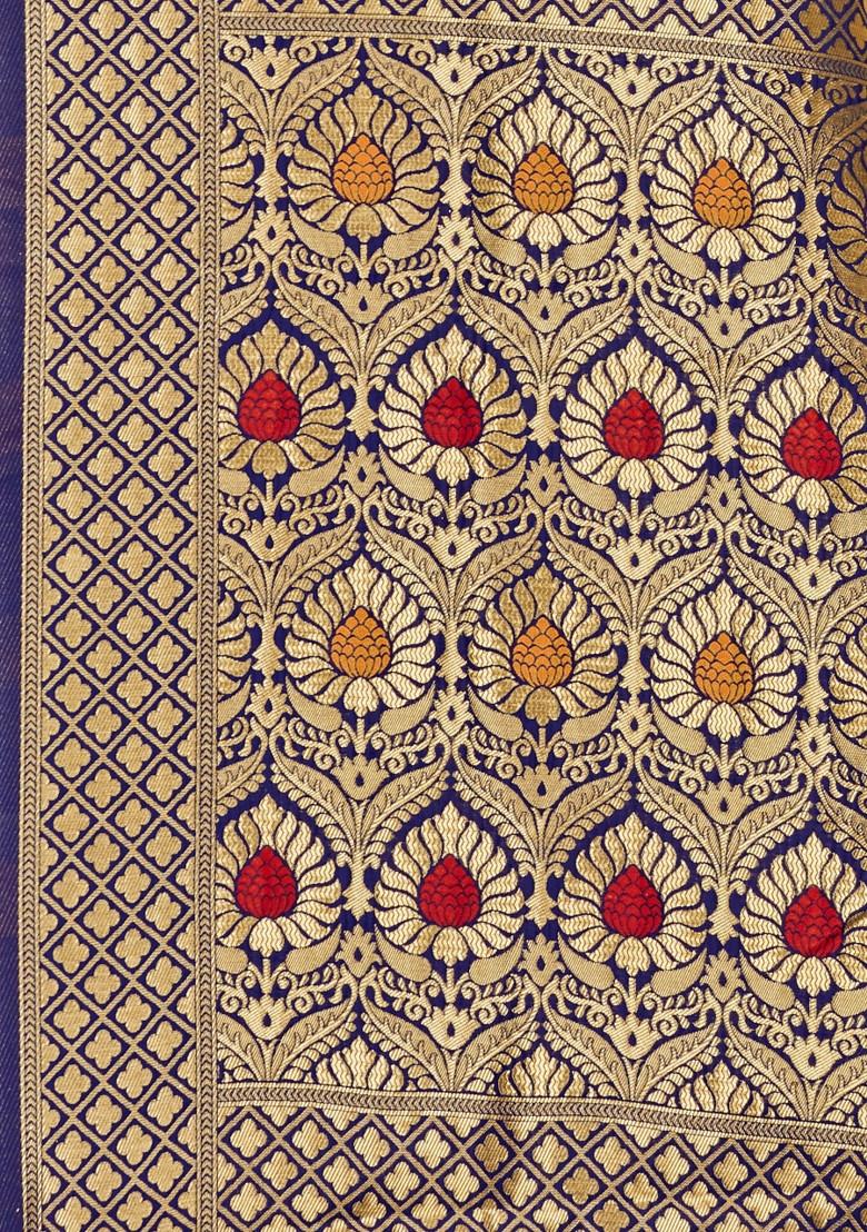 Navy Blue Embroidered Silk Saree Set