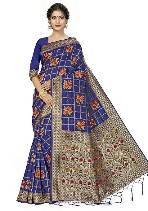 Navy Blue Embroidered Silk Saree Set