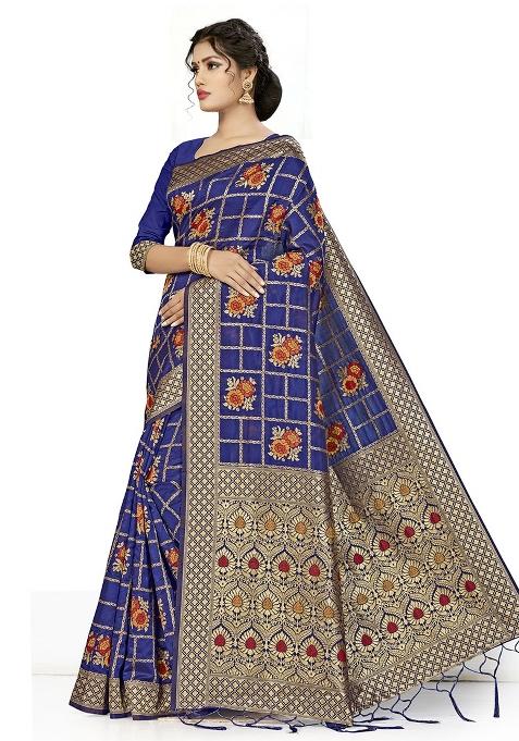 Navy Blue Embroidered Silk Saree Set