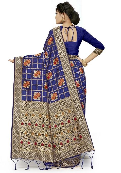 Navy Blue Embroidered Silk Saree Set