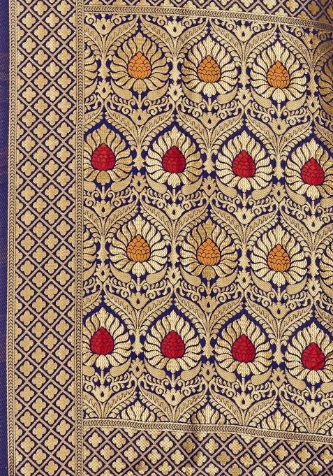 Navy Blue Embroidered Silk Saree Set