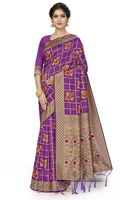 Purple Embroidered Silk Saree Set